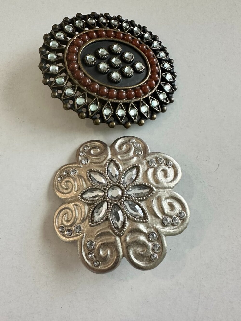 Two Embellished Metal Buckles Rhinestones Beads Western Style